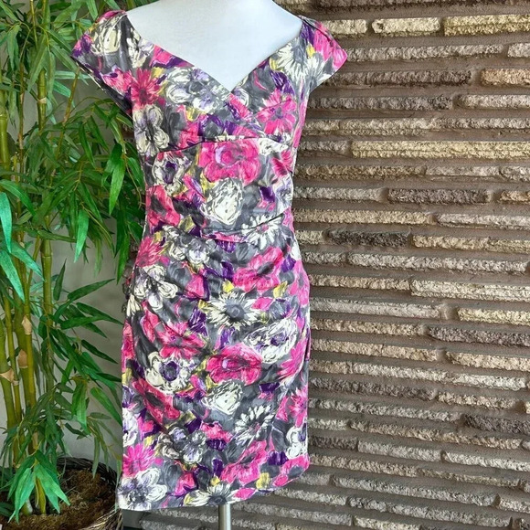 Suzi Chin Purple Pink Gray Floral Ruched Sides Formal Dress Size 8 - Picture 1 of 7